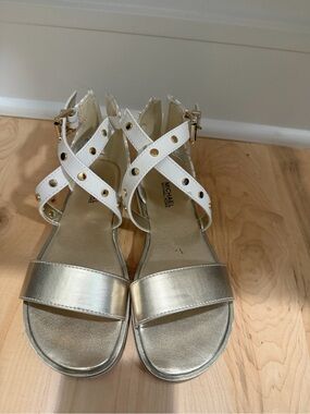 Michael Kors White and Gold Cross-Strap Flat Sandals
